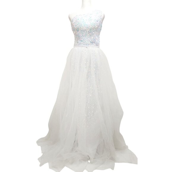 One-Shoulder Dress White Sequin Gown With Detachable Tulle Skirt Size 2 - Picture 2 of 14